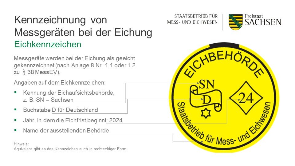 Erklärung zur Kennzeichnung von Messgeräten bei der Eichung: Das Eichkennzeichen ist ein rundes, gelbes Kennzeichen mit den Angaben zur ausstellenden Eichbehörde, dem Land (D für Deutschland) und dem Jahr des Eichfristbeginns.