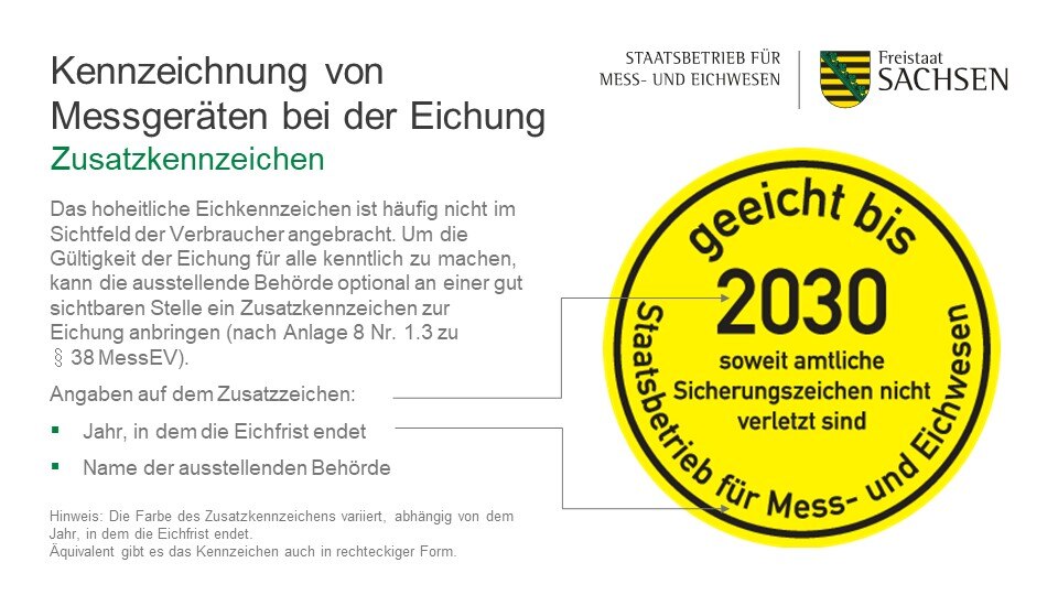 Erklärung zur Kennzeichnung von Messgeräten bei der Eichung: Das optionale Zusatzkennzeichen ist ein rundes Kennzeichen mit den Angaben zur ausstellenden Eichbehörde und dem Jahr, in dem die Eichfrist endet.
