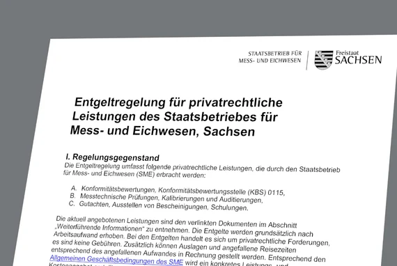 Draufsicht auf einen Ausschnitt des Dokumentes der Entgeltregelung des Staatsbetriebes für Mess- und Eichwesen. Zu erkennen sind das Logo mit Absenderfahne, die Überschrift und Abschnitt 1: Regelungsgegenstand