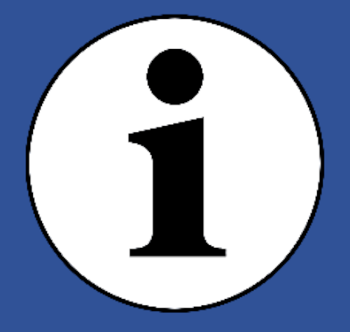 Schwarzer Buchstabe "i" in einem weißen Kreis. Der weiße Kreis befindet sich in einem blauen Quadrat.