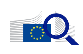 Symbolbild für Marktüberwachung in Europa: Eine Lupe ist vor der EU-Flagge