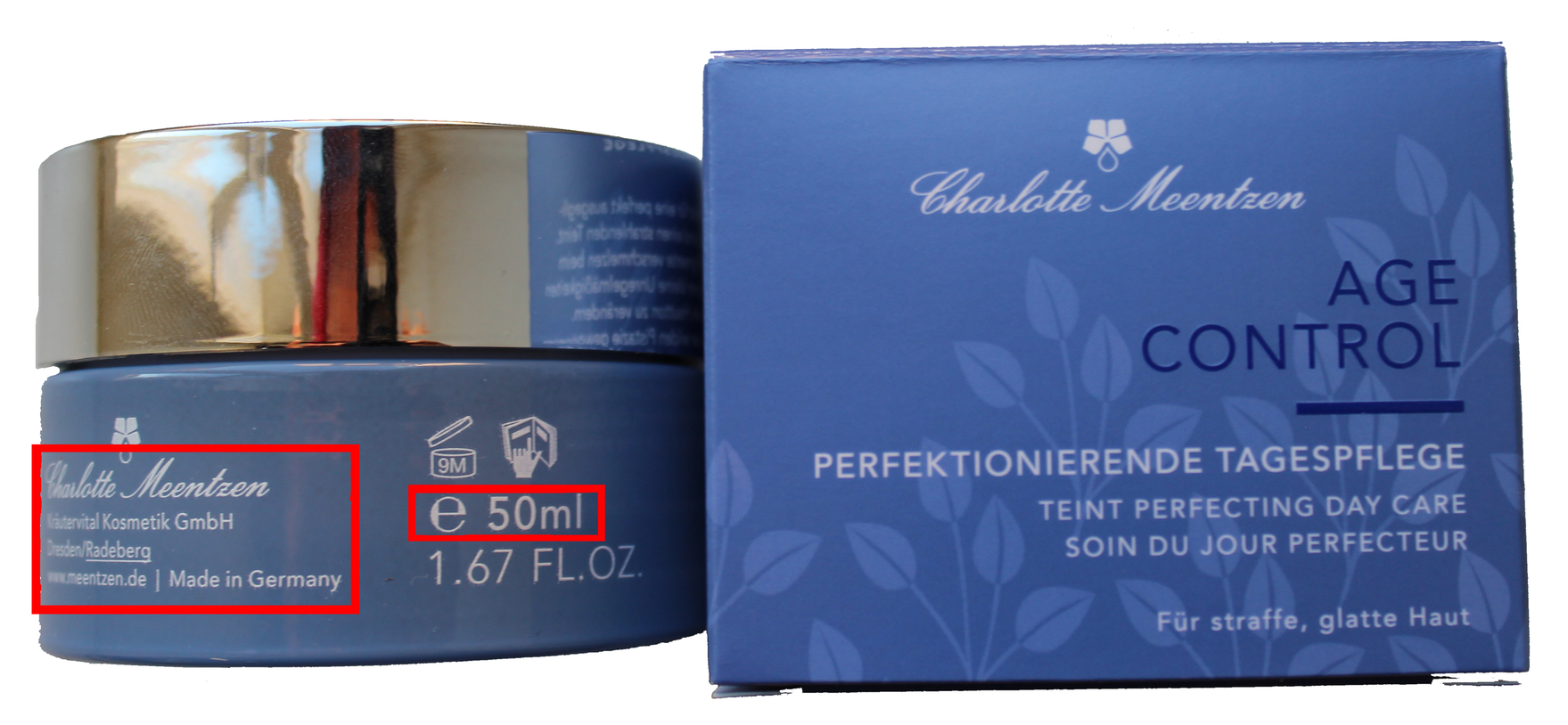 Cremedose und deren Umverpackung der Marke Charlotte Meetzen: Bei der Cremedose sind die Firmenangaben und die Volumenangabe (50 ml e) durch eine rote Markierung hervorgehoben