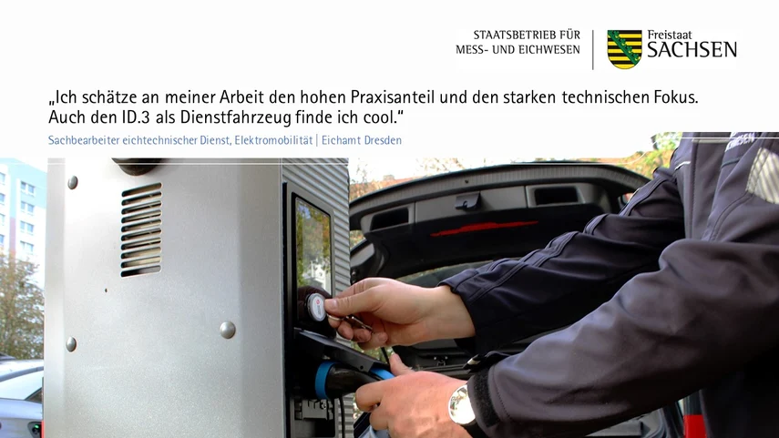 Zitat: „Ich schätze an meiner Arbeit den hohen Praxisanteil und den starken technischen Fokus. Auch den ID.3 als Dienstfahrzeug finde ich cool.“ Darunter sieht man, wie ein Mann sein E-Fahrzeug an die Ladesäule ansteckt.