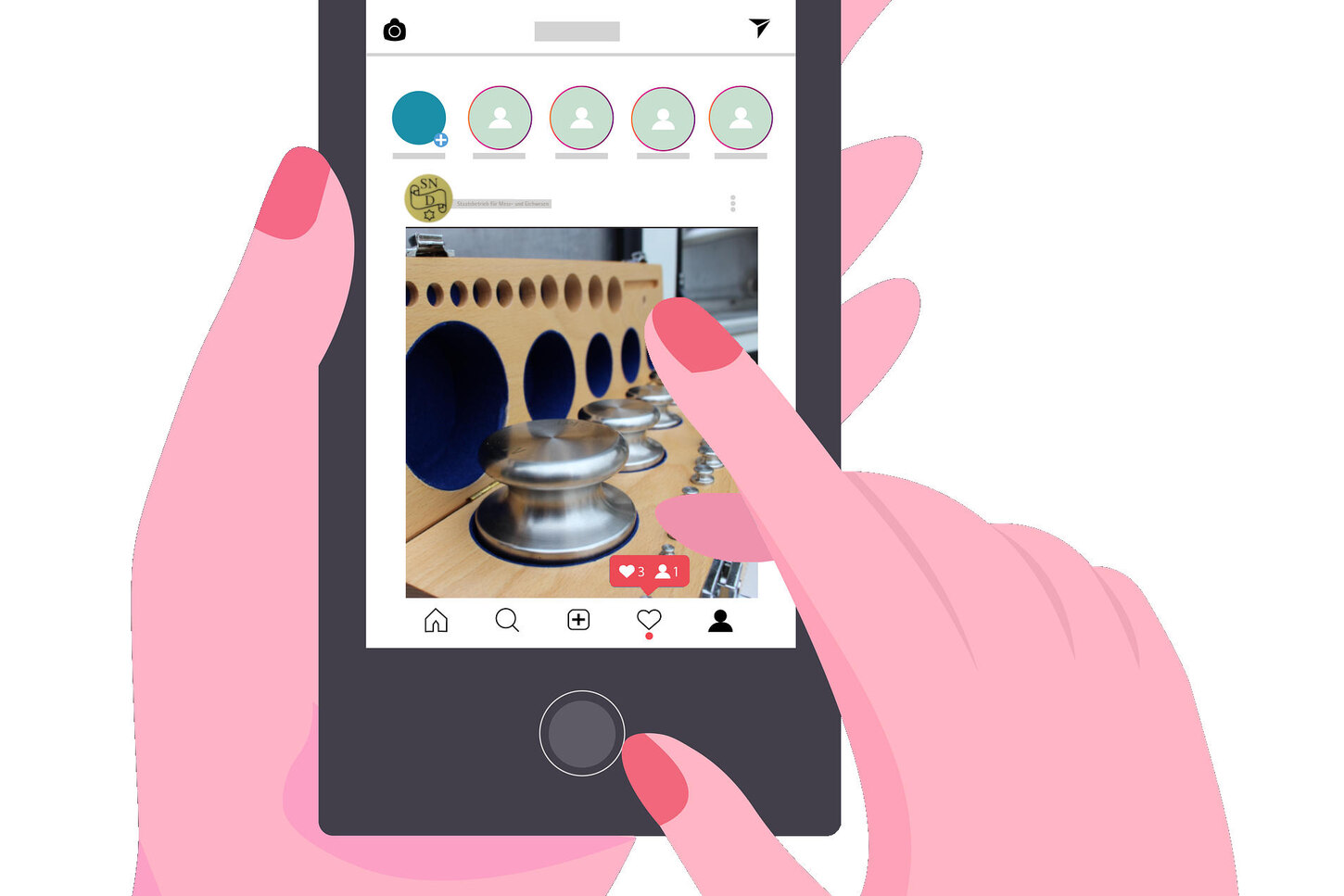 Grafik einer linken Hand, die ein Mobiltelefon hält. Auf dem Bildschirm des Handys sieht man das Social Media Profil der sächsischen Eichbehörde. Die rechte Hand ist gerade dabei, etwas anzutippen.